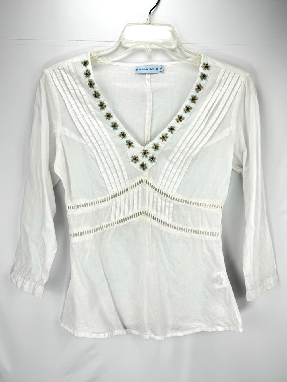 Renuar White V-Neck Beaded Floral Trim Blouse - Pintuck & Eyelet Empire Waist